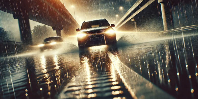 Ein Auto fährt auf einer nassen Straße bei starkem Regen, mit sichtbaren Wasserspritzern und reflektierendem Asphalt. Die Scheinwerfer leuchten die regnerische Umgebung aus.