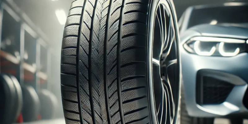 Hochwertiges Bild eines unbeschrifteten Autoreifens vor einer unscharfen Fahrzeugkulisse in einer Werkstatt.