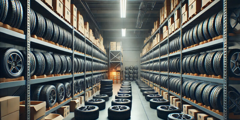 Ordnungsgemäß gestapelte Reifen in einem gut beleuchteten Lager, teils auf Felgen, teils in Schutzabdeckungen, betont die richtige Lagerung.