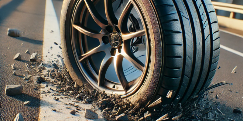 Abgefahrener Autoreifen mit sichtbarem Verschleiß und geringer Profiltiefe auf einer Straße, unscharfer Hintergrund für Fokus auf den Reifen.